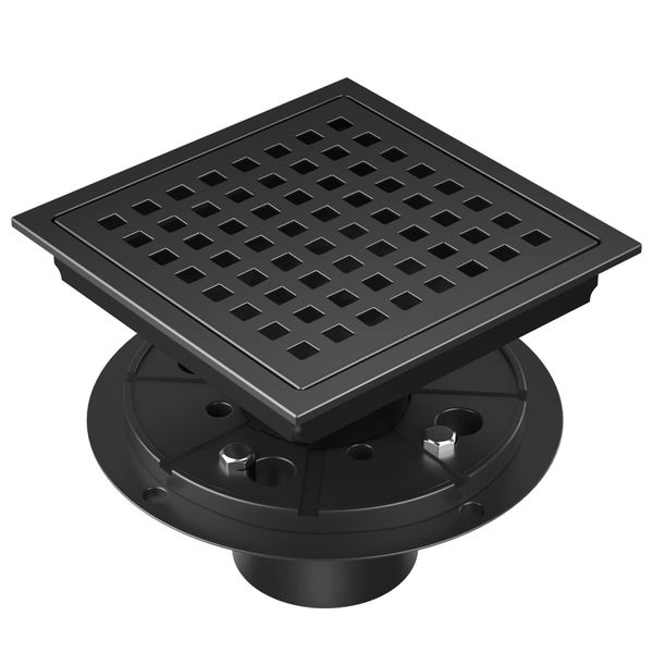 EXF Square Shower Drain 6 Inch Matte Black, Stainless Steel Shower Floor Drain Kit with Flange, Removable Grid Grate, Hair Strainer, Not Fit for Bathtub