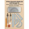 9 Piece Geometry Maths Set with Storage Tin, Metal Compass, Dividers, Set Squares, Protractor, 15cm Ruler