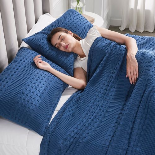 VHC Brands 100% Cotton Waffle Weave Navy Blue Queen Size Sham Set of 2 20x30, Decorative Throw Pillow Covers/Shams, Boho Farmhouse Bedroom Decor