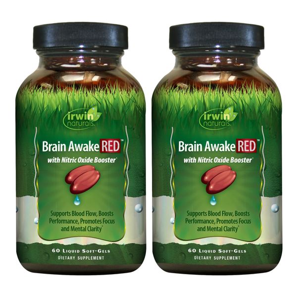 Irwin Naturals Brain Awake RED - 60 Liquid Soft-Gels, Pack of 2 - with Nitric Oxide Booster - Support Brain Health & Optimize Performance - 40 Total Servings