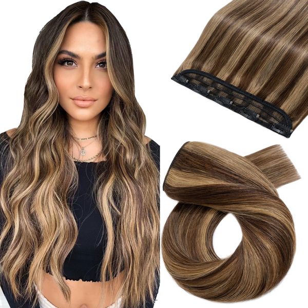 Clip in Hair Extension Blonde One Piece Real Remy Human Hair 3/4 Full Head Straight (8"-40g, 4P27 Medium Brown&Dark Blonde)-Basic Thickness