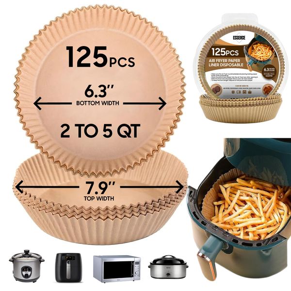 Air Fryer Paper Liners Disposable 125Pcs Round Parchment Paper Liners 6.3In Non-stick Unbleached Water & Oil Proof Airfryer liners for Microwave Oven baking & cooking