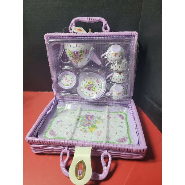 Delton Products Pansy Flower 15 Piece Tin Tea Set in Fabric Lined Basket New