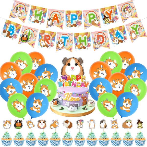 Guinea Pig Birthday Party Decorations Hamster Party Supplies for Kids Include Happy Birthday Banner Kawaii Pui Pui Cartoon Decorations ，Children Birthday Party Balloons Banners Cupcake Decorations