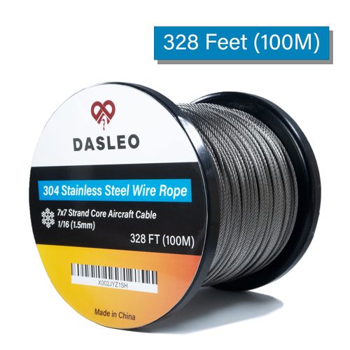 Dasleo Wire Rope – 304 Stainless Steel Wire Cable – 328 ft Waterproof and Rustproof 1/16-Inch Stainless Steel Wire Rope – 7x7 Strand Core – 100 pcs Hourglass Sleeves Included