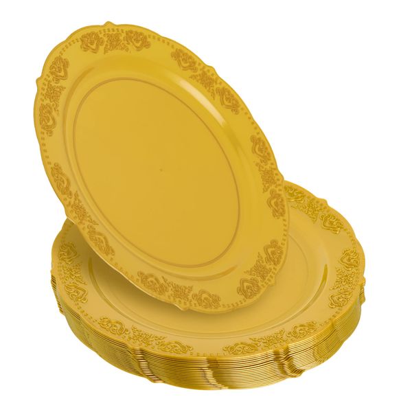 STACKABLES Pack of 20 Hard Gold Plastic Plate 9" Reusable Lunch & Dessert Plates for Weddings Parties Catering & Picnic