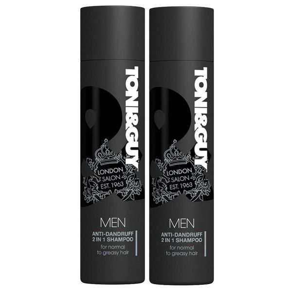 2 Pk of 250 ml Toni & Guy Anti-Dandruff 2in1 Shampoo formulated with Mineral Extracts for Normal to Greasy Hair & Cleanses & Soothes Itchy Scalp, Helping to Remove Loose Dandruff in the Hair