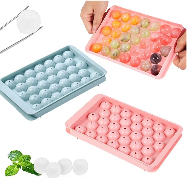 mciskin Mini Ice Cube Tray Balls,Round Ice Ball Maker Mould for Freezer,Cube Trays for Freezer,Ice Ball Maker Mold Mini Circle Round Ice Cube Mold with Lid for Cocktail Whiskey Tea Coffee(2 Pack)