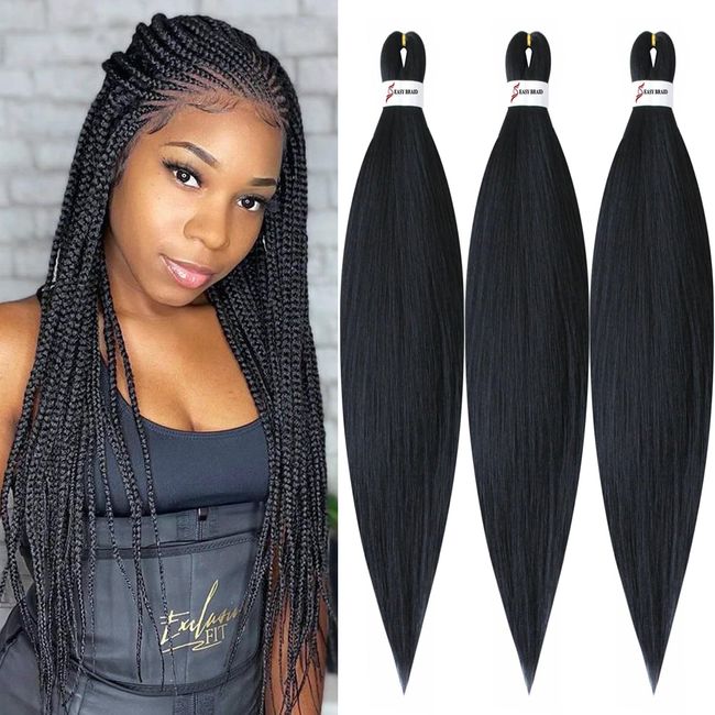 26 inch 3Packs (9.51 OZ.) Pre-Stretched Braiding Hair Easy Braid Professional Itch Free Synthetic Fiber Easy Braid Crochet Hair Hot Water Setting Professional Soft Yaki Texture (26 inch, 1B)