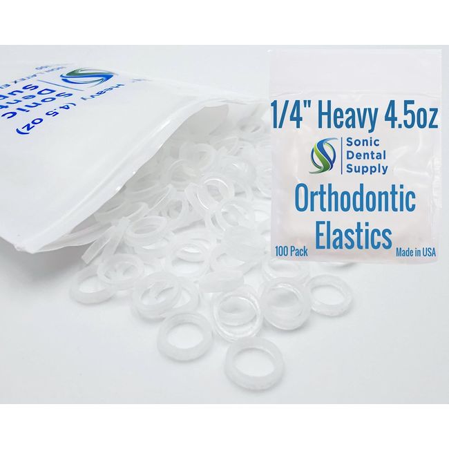 1/4 Inch Orthodontic Elastic Rubber Bands - 100 Pack - Clear Latex Free, Heavy 4.5 Ounce Small Rubberbands, Braces, Dreadlocks Hair Braids, Tooth Gap, Packaging, Crafts - Sonic Dental - Made in USA