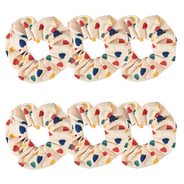 Yonchic 6-Piece Heart-Print Stylish Elastic Hair Ties, Colorful Funny Lovely Donut Pattern Style Fabric Scrunchies Girls Ponytail Holders, Hair Tie Fashion Rubber Bands Hair Accessories