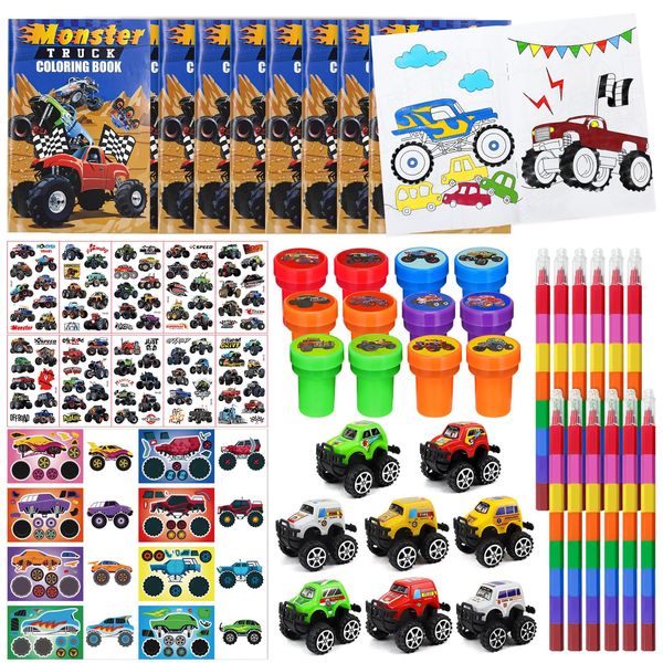 Cinrobiye 72Pcs Monster Truck Coloring Book with Crayons Bulk，Truck Car Party Favors Goodie Bags Fillers，Hot Wheels Birthday Party Supplies Face Stickers Tattoo Prizes Gift for Monster Truck Party