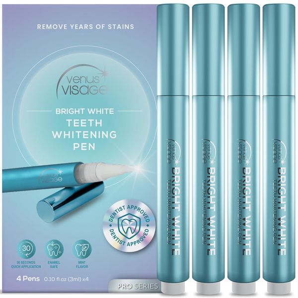 Venus Visage Teeth Whitening Pen (4 Pens), 40+ Uses - Teeth whitening Gel with Professional Formulation and Ingredients - Best Teeth Whitener Overnight and No Tooth Sensitivity (Mint)