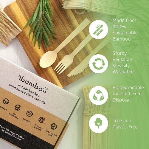 Ibambo 100% Bamboo Cutlery Set - 100 Biodegradable Utensils (50 Forks, 25 Spoons, 25 Knives) | Reusable or Disposable Bamboo Flatware | Compostable FSC Certified Utensils for Weddings, Camping, Party