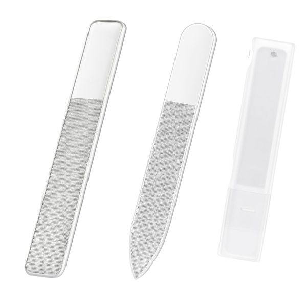 DFsucces Nail File, Glass File, Nail File, Nail Polish, Transparent, Glossy, Nail Care, Double-Sided Type, Nano Scale, Storage Case, Set of 2, Straight and Round