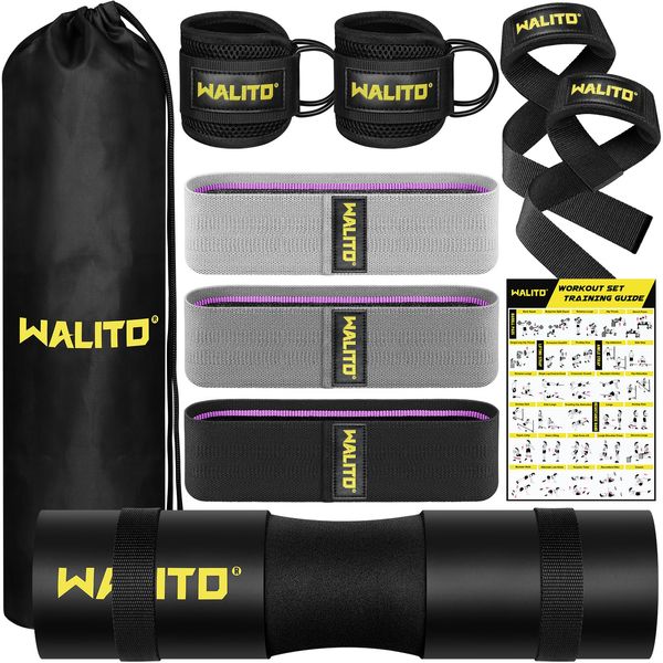 WALITO 8Pcs Barbell Pad Set for Hip Thrust - Squat Pad for Barbell Lunges, Bench Press, with 2 Gym Ankle Straps, 3 Resistance Bands for Working Out, 2 Lifting Strap, Workout Poster, Carry Bag