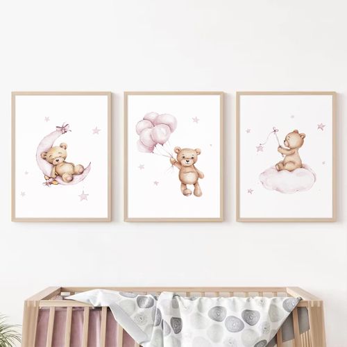 Bear Nursery Wall Art Decor Set of 3 Teddy Bear Wall Art Baby Girl Canvas Wall Decor Pink Pictures Balloon Nursery Children Prints Artwork Moon Star Cloud Art for Boys Room Bedroom 12x16 Inch Unframed