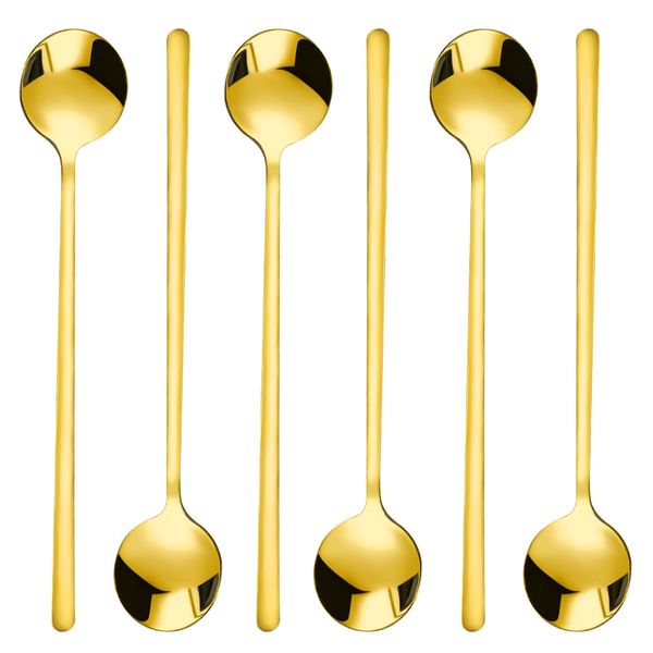 6 Pcs Coffee Spoons Stainless Steel Tea Spoons Long Handle Gold Spoons Teaspoon Round Dessert Spoons for Hot Chocolate Ice Tea Latte Dessert