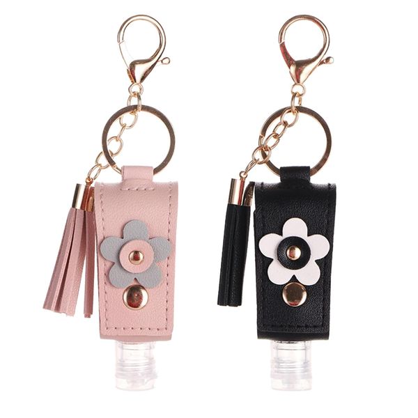 Pcmursal 2pcs Multifunction Portable Empty Travel Bottle with Keychain Holder,Leather Tassel,Hand Sanitizer Bottle, Hand sanitizer purse with flowers (Blackl、Pink)