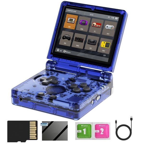 RG35XXSP Flip Retro Handheld Game Console ,3.5 Inch IPS Screen Linux System Built-in 64G TF Card 5532 Games Support 5G WiFi Bluetooth HDMI TV Output(Transparent Blue-New)