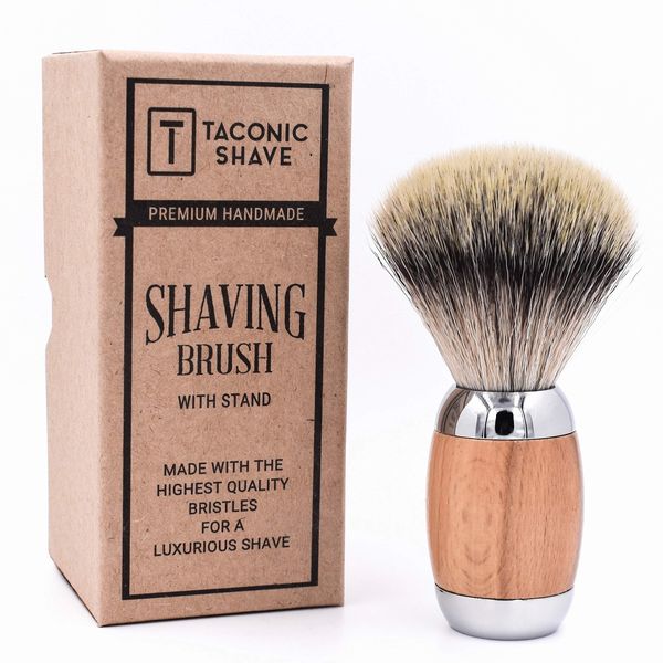 Taconic Shave's Synthetic Silvertip Luxury Shaving Brush – Deluxe Beechwood and Chrome Handle - Shaving Stand Included