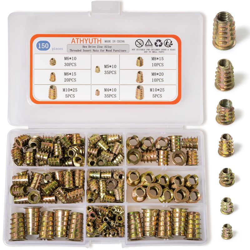 ATHYUTH Threaded Inserts for Wood, 150 Pieces Zinc Alloy Thread Inserts ...