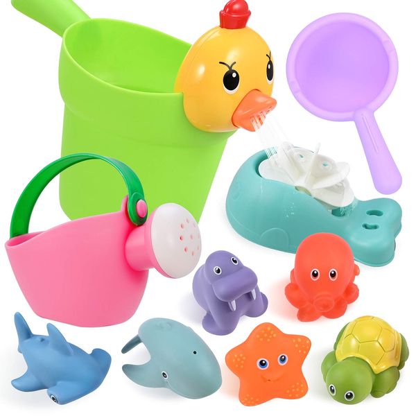 GOLDGE Baby Bath Toys, Bath Squirters Toys for 1,2,3+ Year Old Boy Girl, Kids Bathtub Toy Ocean Animals Rubber Floating Toy with Sound for Swimming Pool, Beach