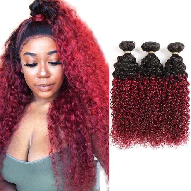 Ombre Dark Red Curly Weave Human Hair 3 Bundles 99J Brazilian Curly Hair 100g/Bundles Burgundy Kinky Curly Human Hair Extensions for Black Women (10"12"14")