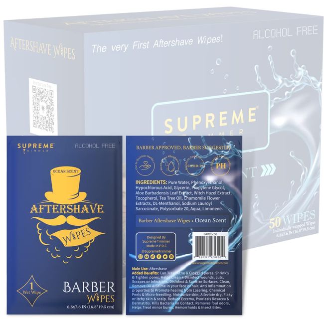Supreme Trimmer Aftershave Wipes | 3-in-1 Face & Body Wipes + After Shave | No Burn or Irritation (50 Individually Wrapped Wipes) Alcohol Free & Travel Friendly | Ocean Scent