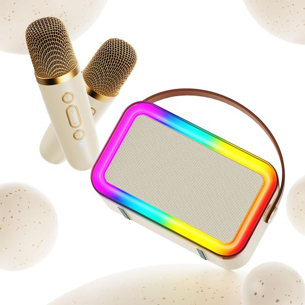 Mini Karaoke Machine for Kids, 2025 Latest Portable Bluetooth Speaker with 2 Wireless Microphones & LED Light for Girls Boys, Small Magic Sing Christmas Birthday Party Gifts Toys