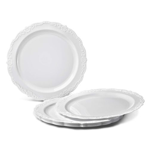 " OCCASIONS " 120 Plates Pack,(60 Guests) Vintage Wedding Party Disposable Plastic Plates Set -60 x 10'' Dinner + 60 x 7.5'' Salad/Dessert (Verona Plain White)