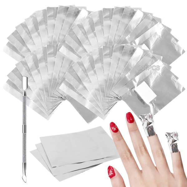 Soodyoow 200 Pcs Foil Nail Wraps, Nail Foil Gel Wraps Polish Remover, Nail Polish Remover Nail Foils for Gel Nails for Fast & Gentle Soak Off Gel Polish Removing with 1pcs Cuticle Pusher