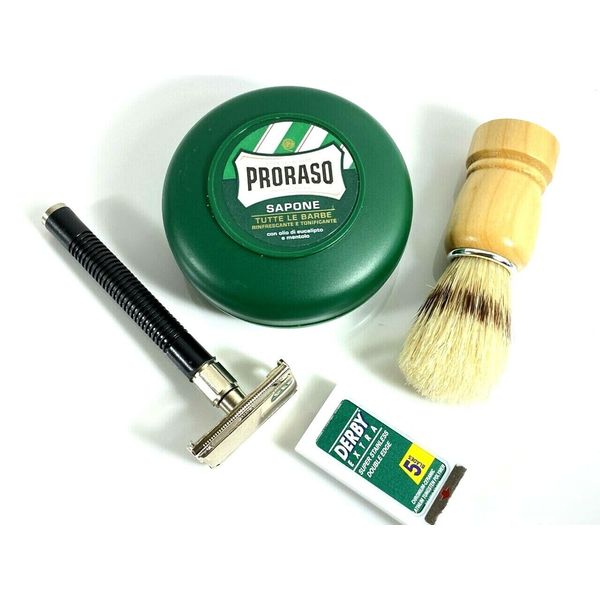 Proraso Green Shaving Soap Bowl 75ml Eucalyptus/Brush Safety Razor Derby 5Blades