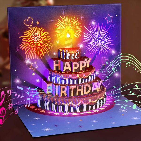 INPHER Birthday Cards Fireworks Pop Up Cake Light and Music Happy Birthday Card Gift for Women, Men, Mom, Grandma