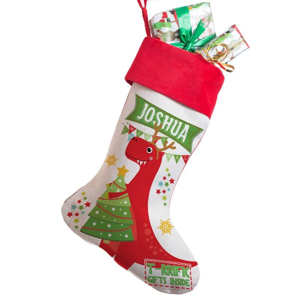 KRAFTYGIFTS Personalised Dinosaur Christmas Stocking Children Xmas Hanging Christmas Eve Bag T-Rex SS03