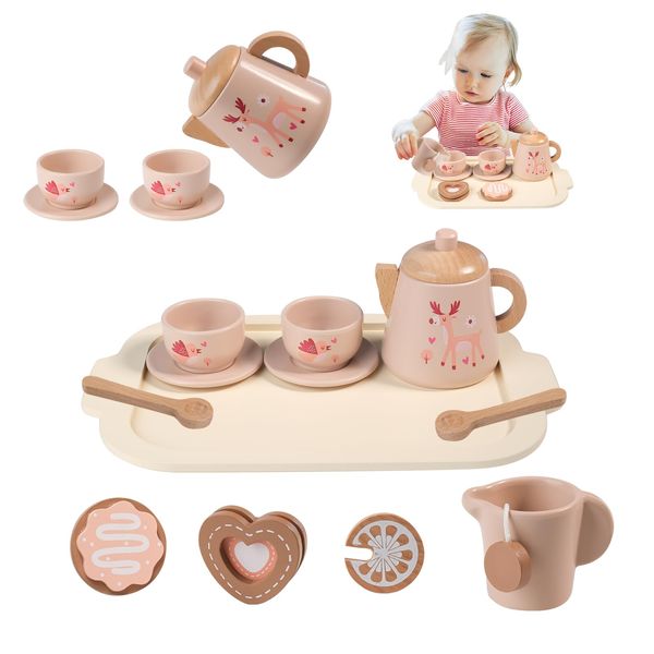 Tea Party Set for Toddlers 3-5 12 Pieces Toddler Tea Set for Little Girls Pretend Play Kitchen Accessories with Teapot,Cups,Tray and Cookies Birthday Gifts for 3 4 5 Year Old Girls