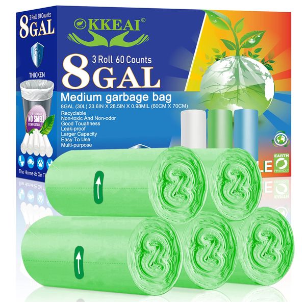 OKKEAI 30L Trash Bags 8 Gallon Medium Garbage Bags Thicker 0.98 MIL Trash Can Liners Bags Wastebasket Liners for Kitchen,Office, Lawn,Garden, Patio,60 Count (Fits 7 8 9 10 Gallon Bins)