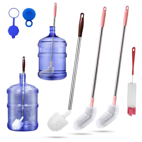 Bottle Brush, 3 Pack Long Handled Bucket Brushes with 1 Smaller Bendable Bottle Brush and 2 Water Jug Caps, Stiff Nylon Bristles, Suitable for Cleaning 1 to 5 Gallon Buckets, Glassware, Mugs