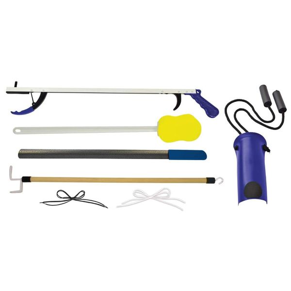 Stop Your Bending 7 Piece Hip Kit, 26" Reacher, Sock Aid with Foam Handles, 27" Dressing Stick, 24" Metal Shoehorn, 2 Pair Elastic Shoelaces, Long Handle Sponge, Blue Jay, Mobility Aid