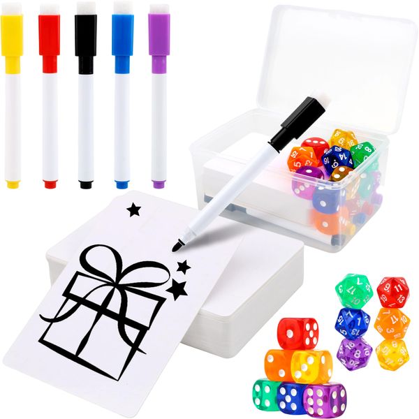 72 Pcs Reusable Cards Multifunctional Tokens Cards Kit Counters Gaming Tokens Discs and Game include 54 Pcs White Blank Dry Erasable Cards 5 Pcs Dry Erase Markers 12 Pcs Dice and 1 Plastic Box