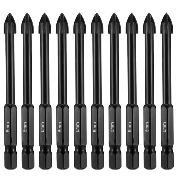 Glass and Tile Drill Bit 6mm, 10 Pcs Masonry Drill Bits Set Sds Concrete Drill Bit Porcelain Tile Drill Bits 1/4 Hex Drill Bits for Glass Concrete Brick Wall Wood Aluminium Mirrors Porcelain Plastic