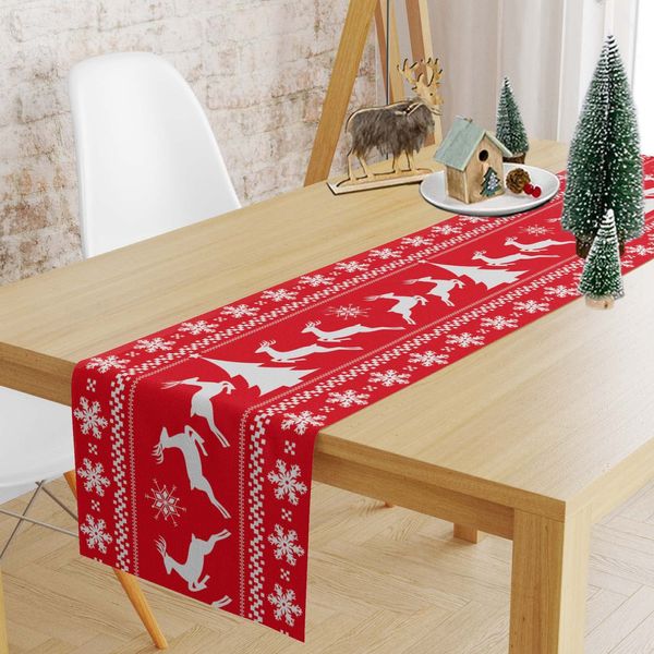 Funnlot Christmas Table Runner Red 270 x 28 cm Xmas Table Runner Linen Table Runner Christmas Long Chrstmas Runner for Table with White Reindeer Pattern for Christmas Dining Tables Decorations