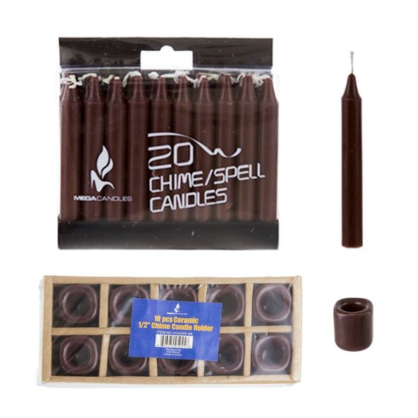 Mega Candles - Ceramic 1/2" Chime / Spell Candle Holder with Candles - BrownSet