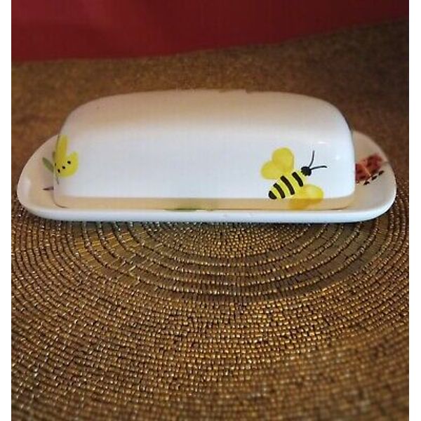 Vtg  Butter Dish Ladybug, Bee, Dragonfly, Butterfly Handpainted  Designed By...