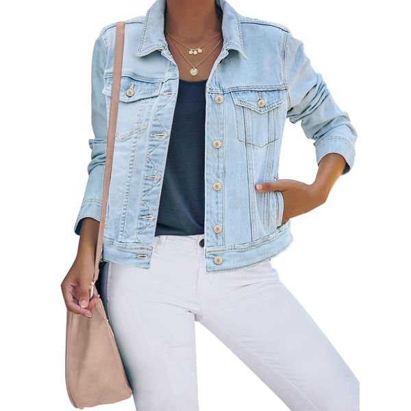 luvamia Women's Casual Basic Button Down Stretch Regular Fit Long Sleeves Jean Jackets Womens Denim Jacket Spring Jackets For Women 2024 Azure Mood Size Medium Fits Size 8 / Size 10