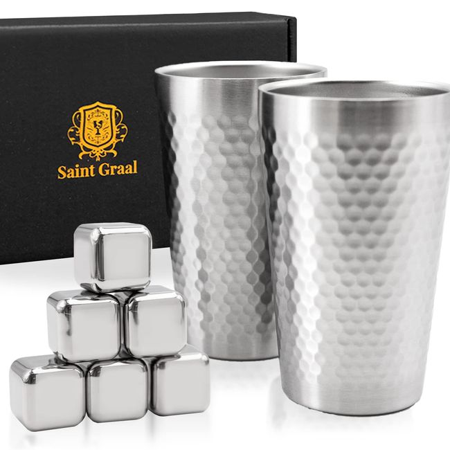 SaintGraal Tumblers Pair Wedding Anniversary Parents Birthday Gift Men Glass Cup Ice Cube Non-Melting Ice Stainless Steel Gift (11.8 fl oz (350 ml)