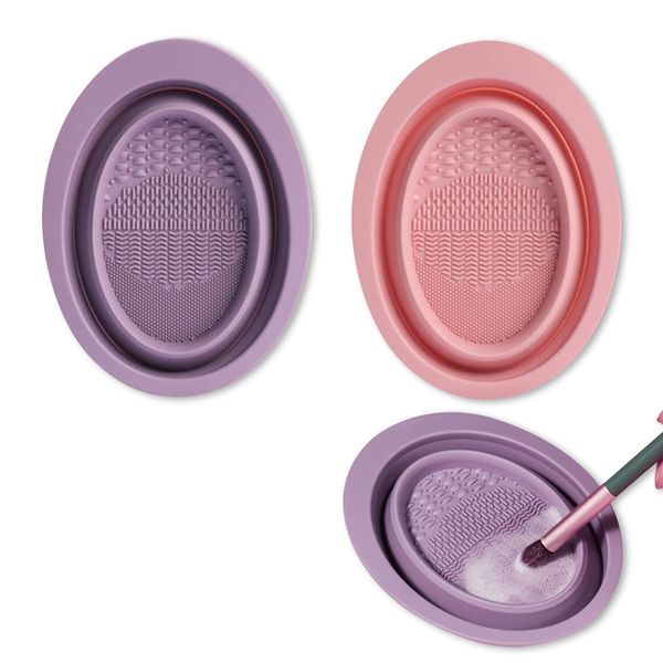 Makeup Brush, Cleaning Bowl, Makeup Brush, Cleaner (Set of 2), Makeup Brush Cleaner Pad, Makeup Brush Cleaning Mat, Makeup Brushes, Clean, Stylish, Foldable, Makeup Tools, Home, Travel, Pink, Purple