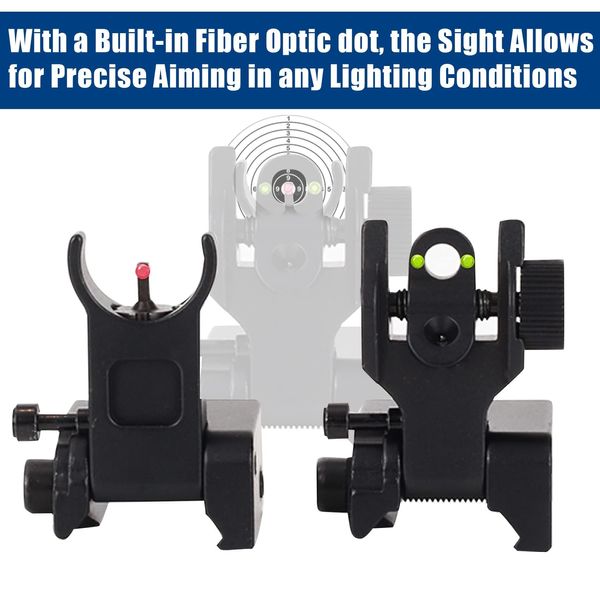 UUQ Fiber Optic Iron Sights,Flip Up Front and Rear Sites with Red&Green Dot,BUIS Backup Sight Set for Airsoft Gun, Tool-Free Adjustable Front Sight Rapid Transition,Fits Picatinny or Weaver Rails