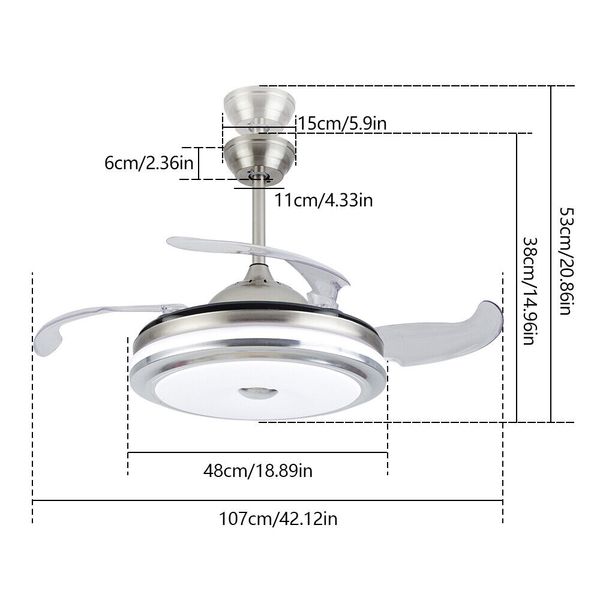 Invisible Led Ceiling Fan Light Retractable Blade Chandelier Lamp W/ Remote 42''