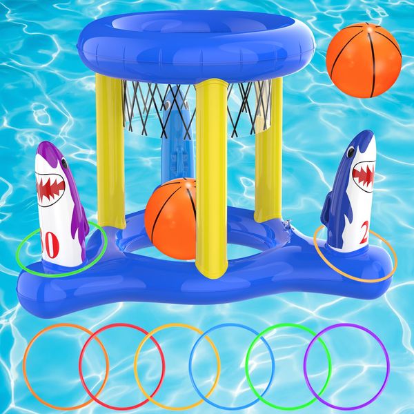 Dokeawo 2-in-1 Pool Toys Games Set, Inflatable Floating Shark Pool Basketball Hoop & Ring Toss Pool Toys for Kids Ages 8-12, Teens, Adults, Family Summer Outdoor Swimming Party Pool Games